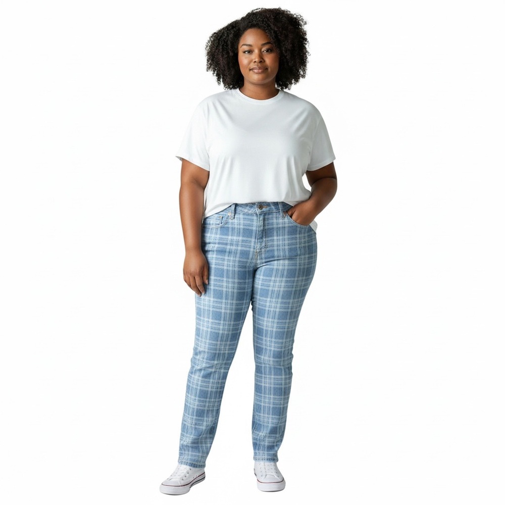 Levi's Wedgie Straight Fit Plaid Print Jive Chill Button Fly Blue Jeans Size 32
